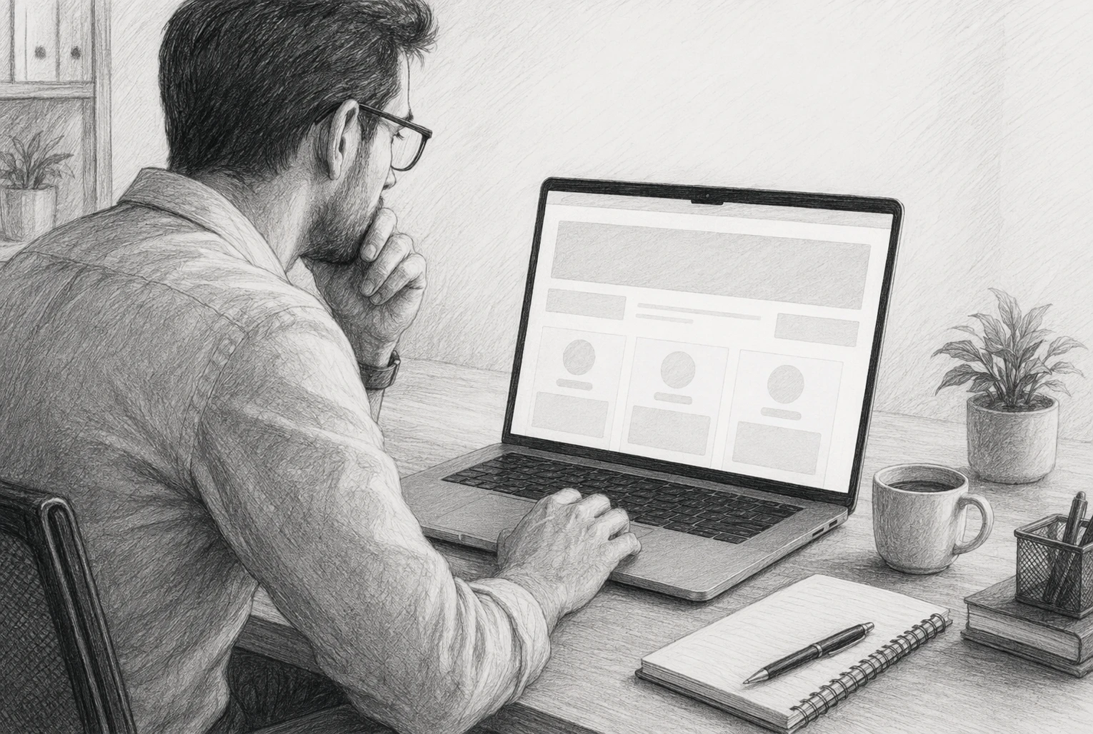 Buyer examining anonymous SaaS website on laptop