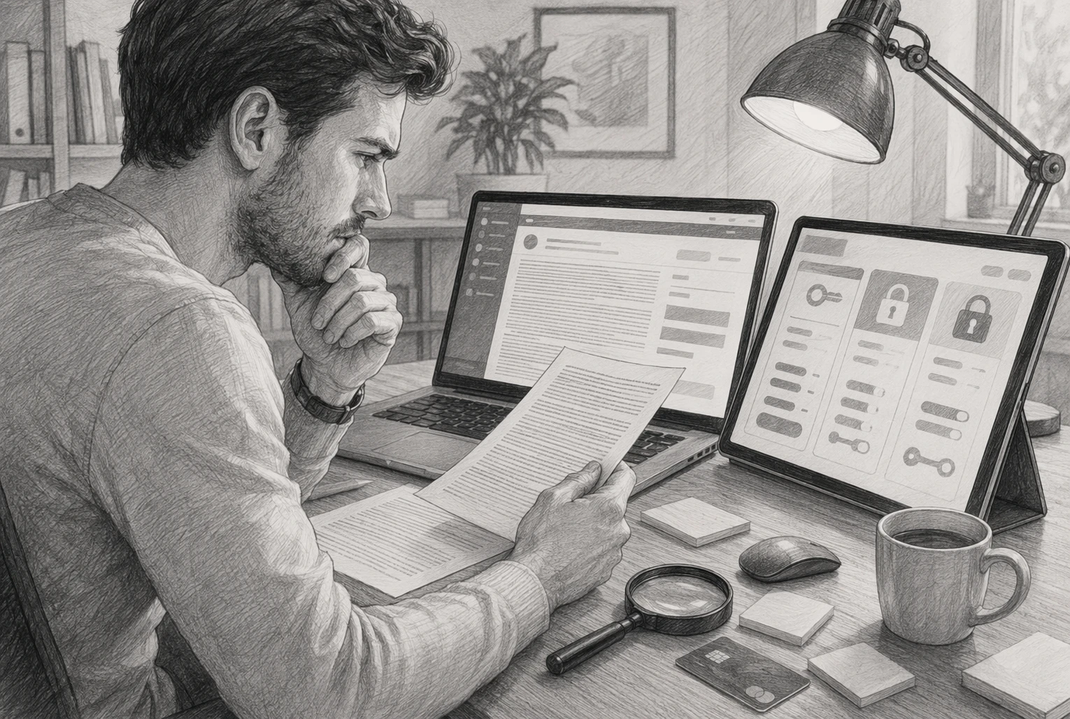 Buyer comparing refund policy details at desk