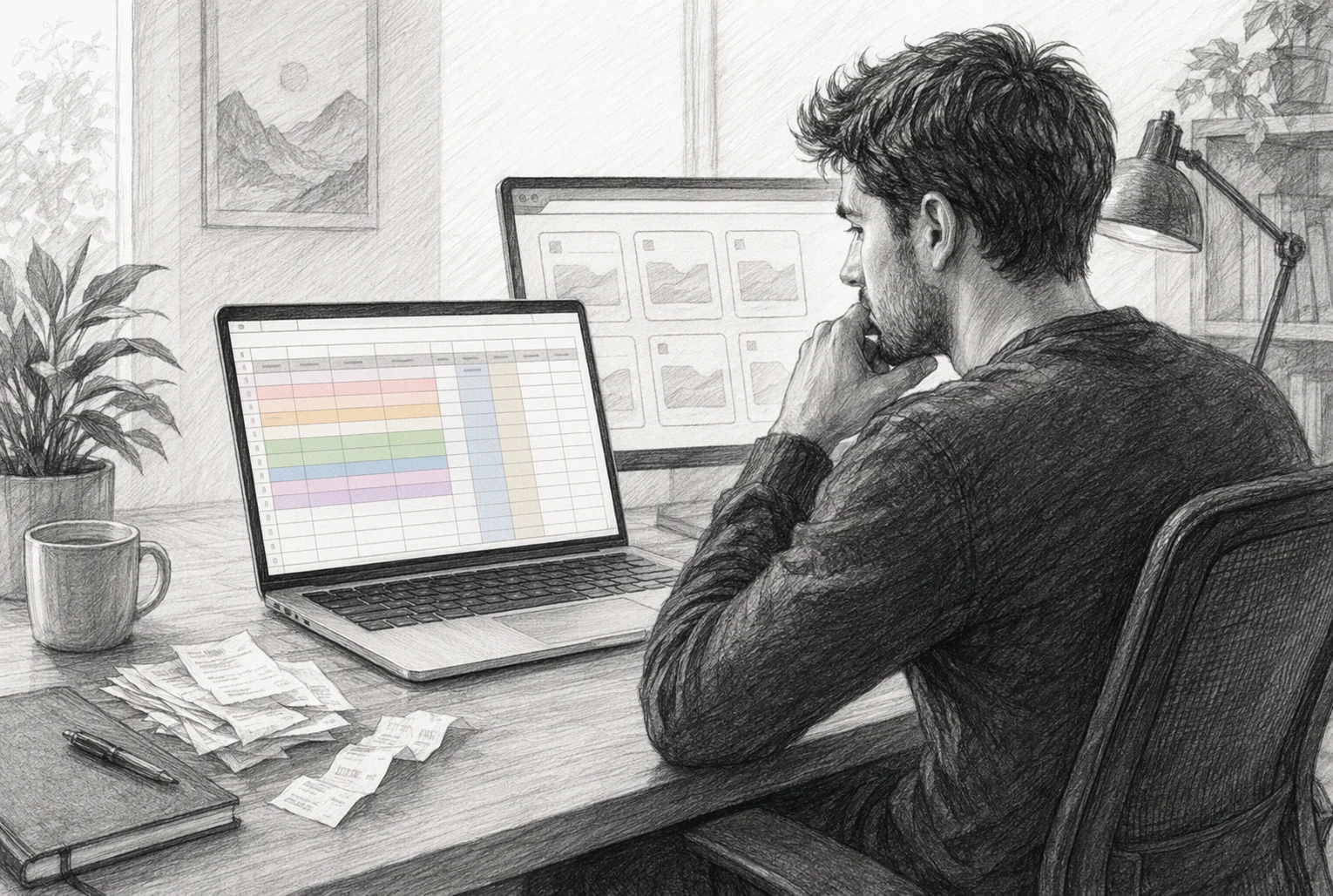 Solo founder reviewing organized spreadsheet with receipts and SaaS tabs