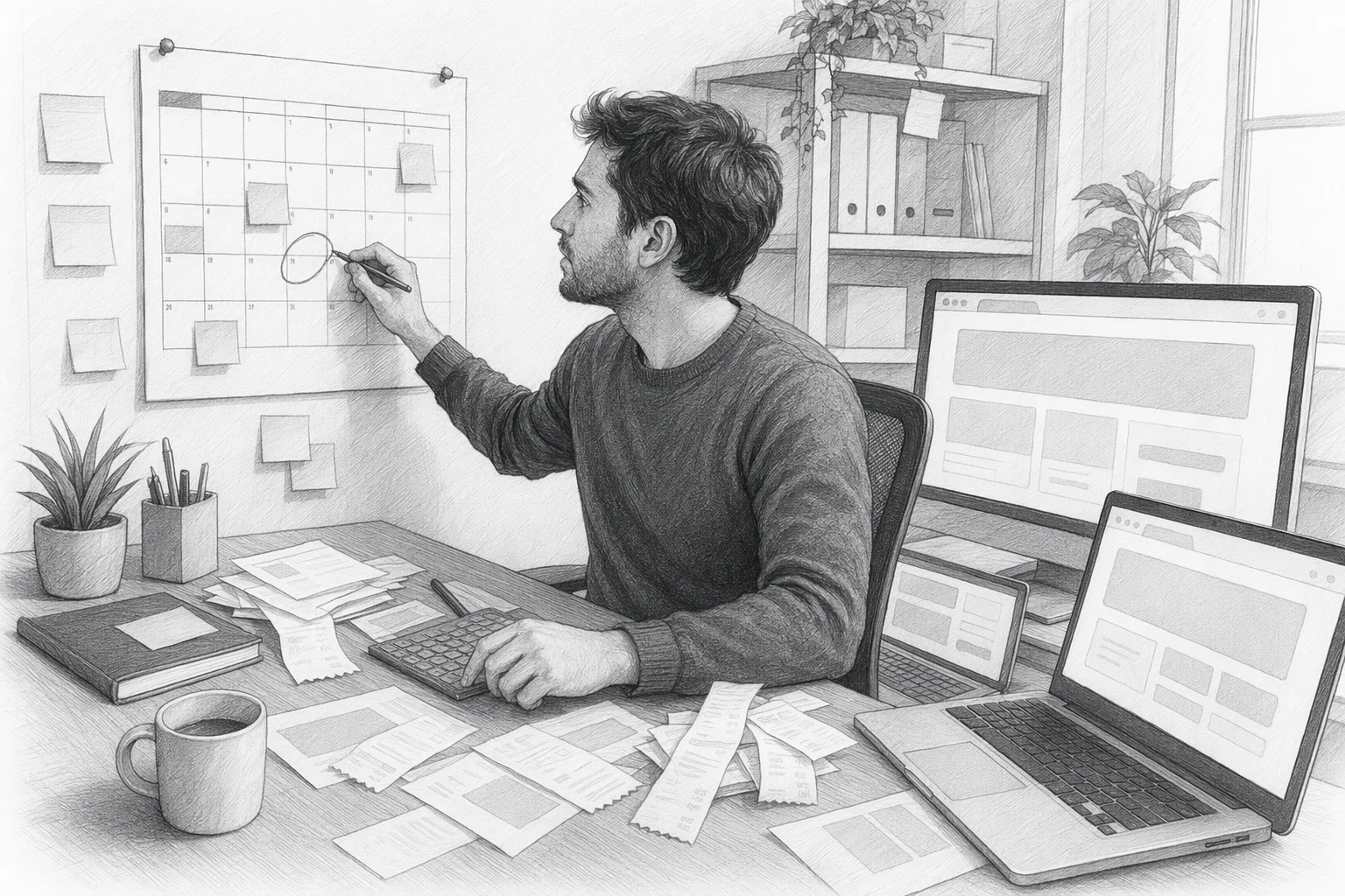 Founder reviewing calendar with SaaS receipts and trial tabs