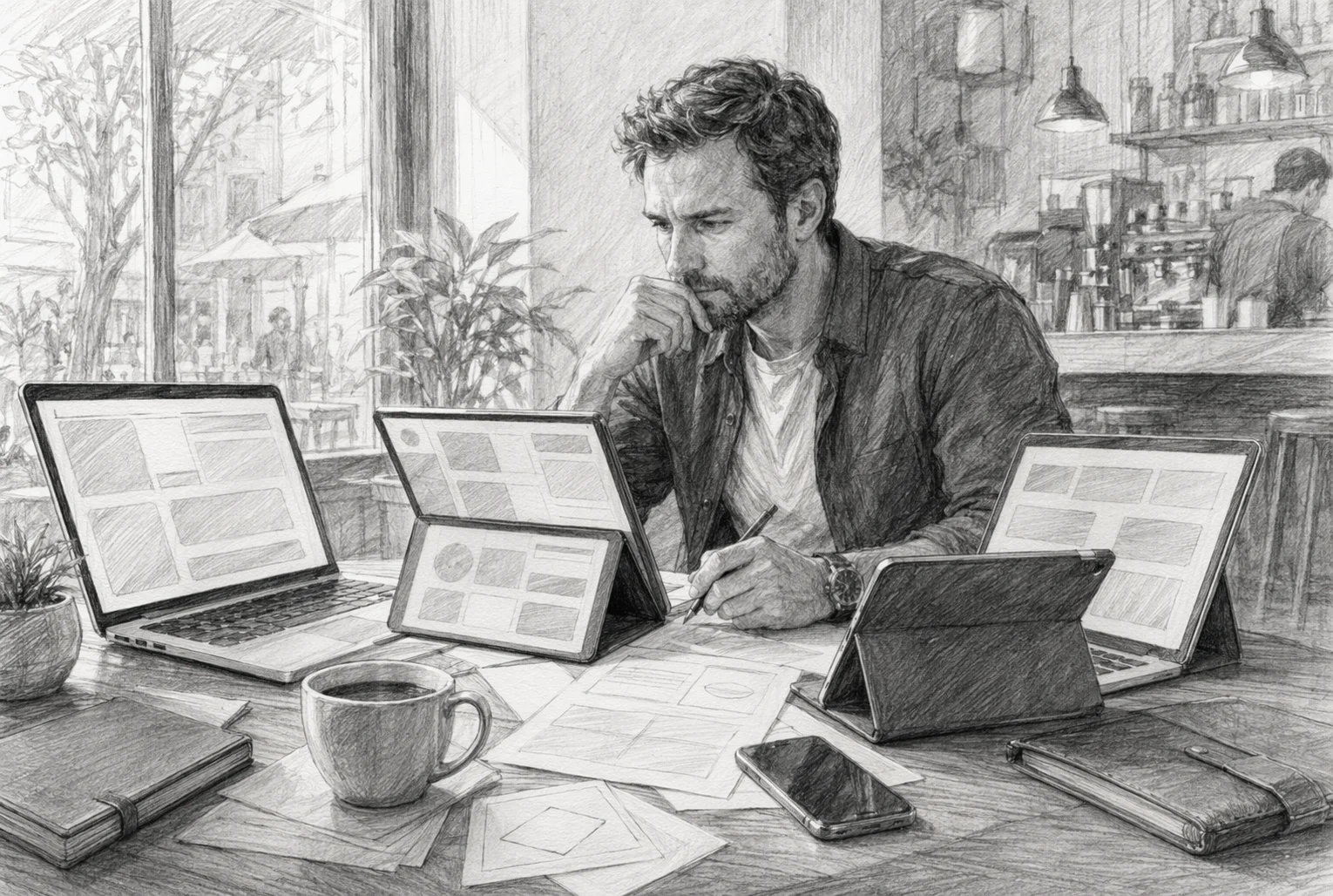 Agency owner reviewing deal tabs at coffee shop