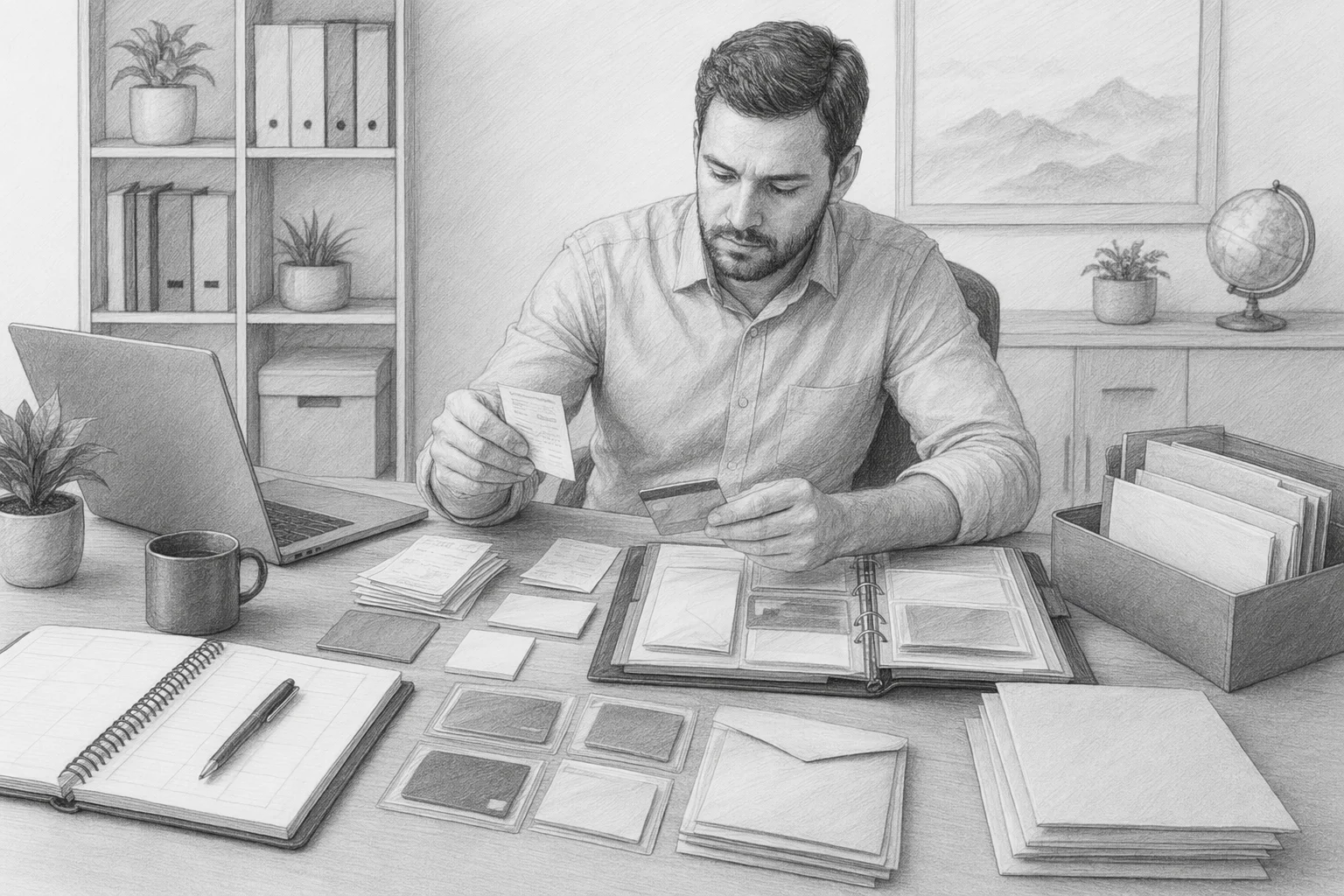 Operations manager organizing software licenses and notes