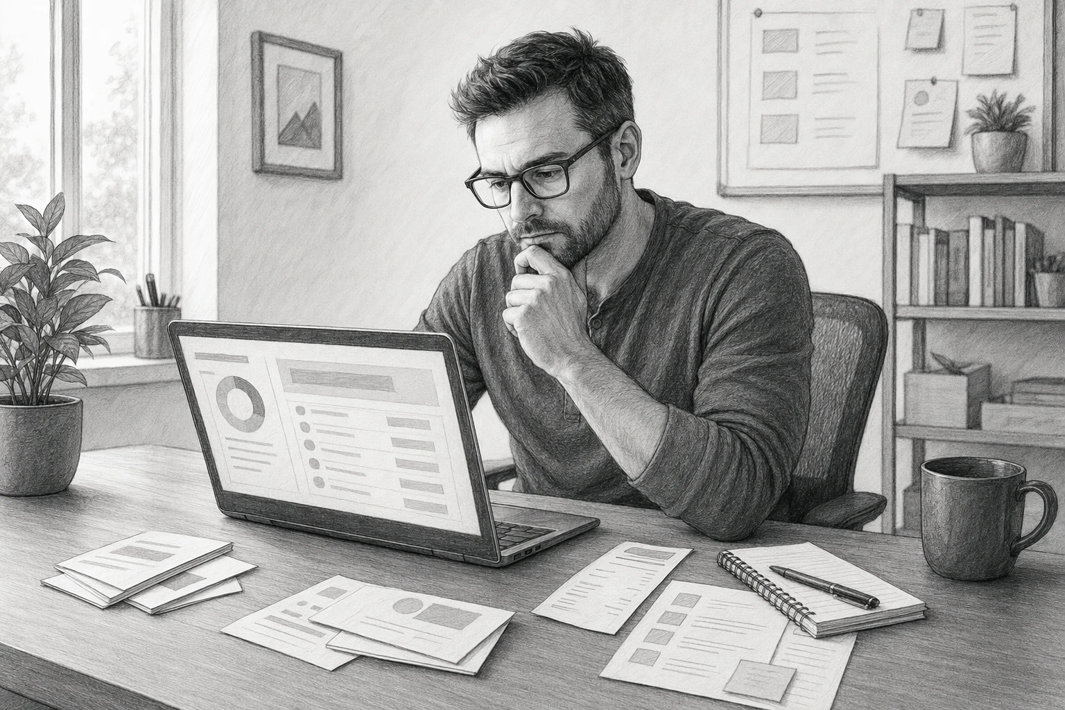 Solo founder reviewing laptop and handwritten notes on LTD management