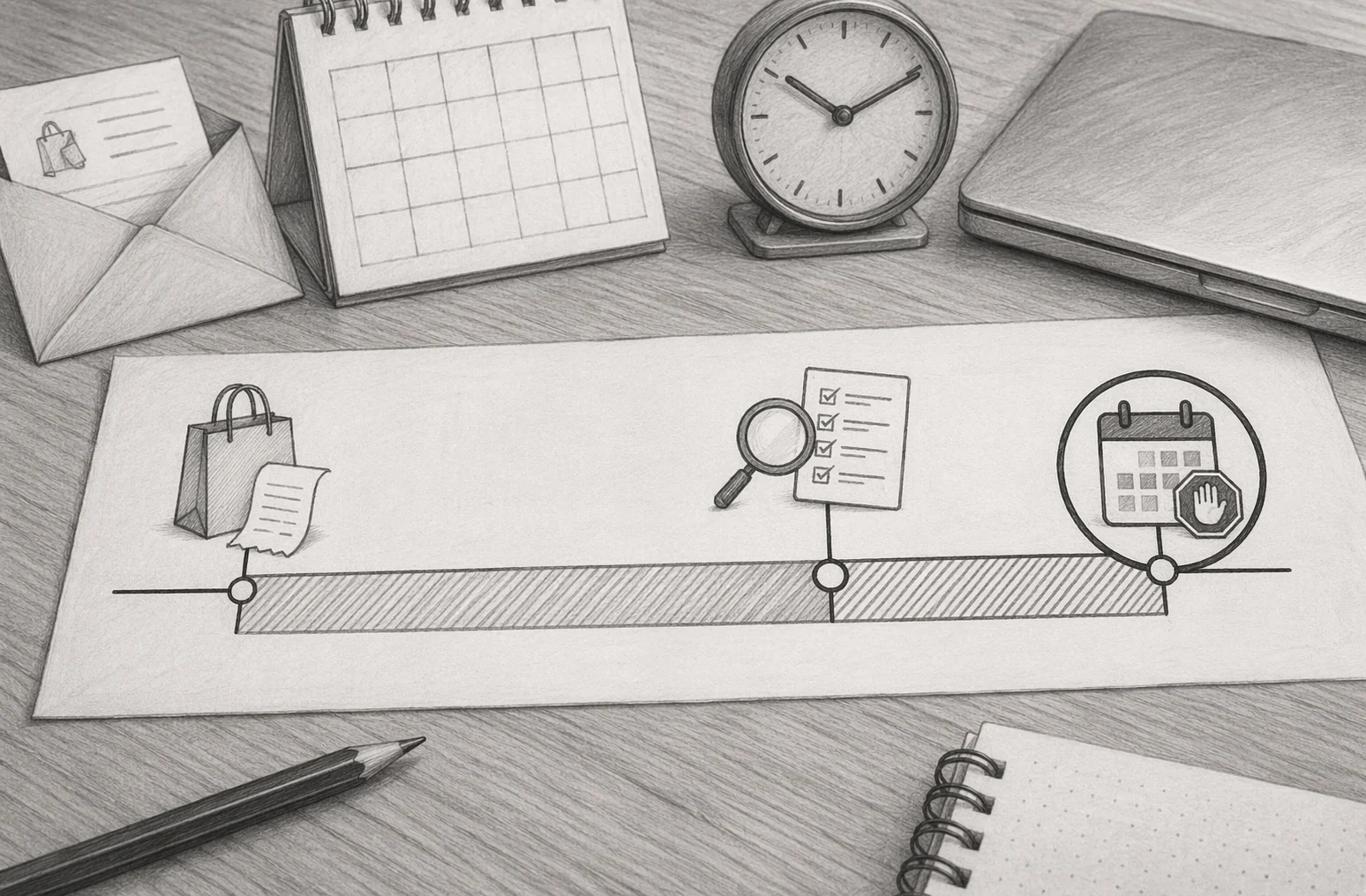 Pencil sketch of timeline with purchase and review marks