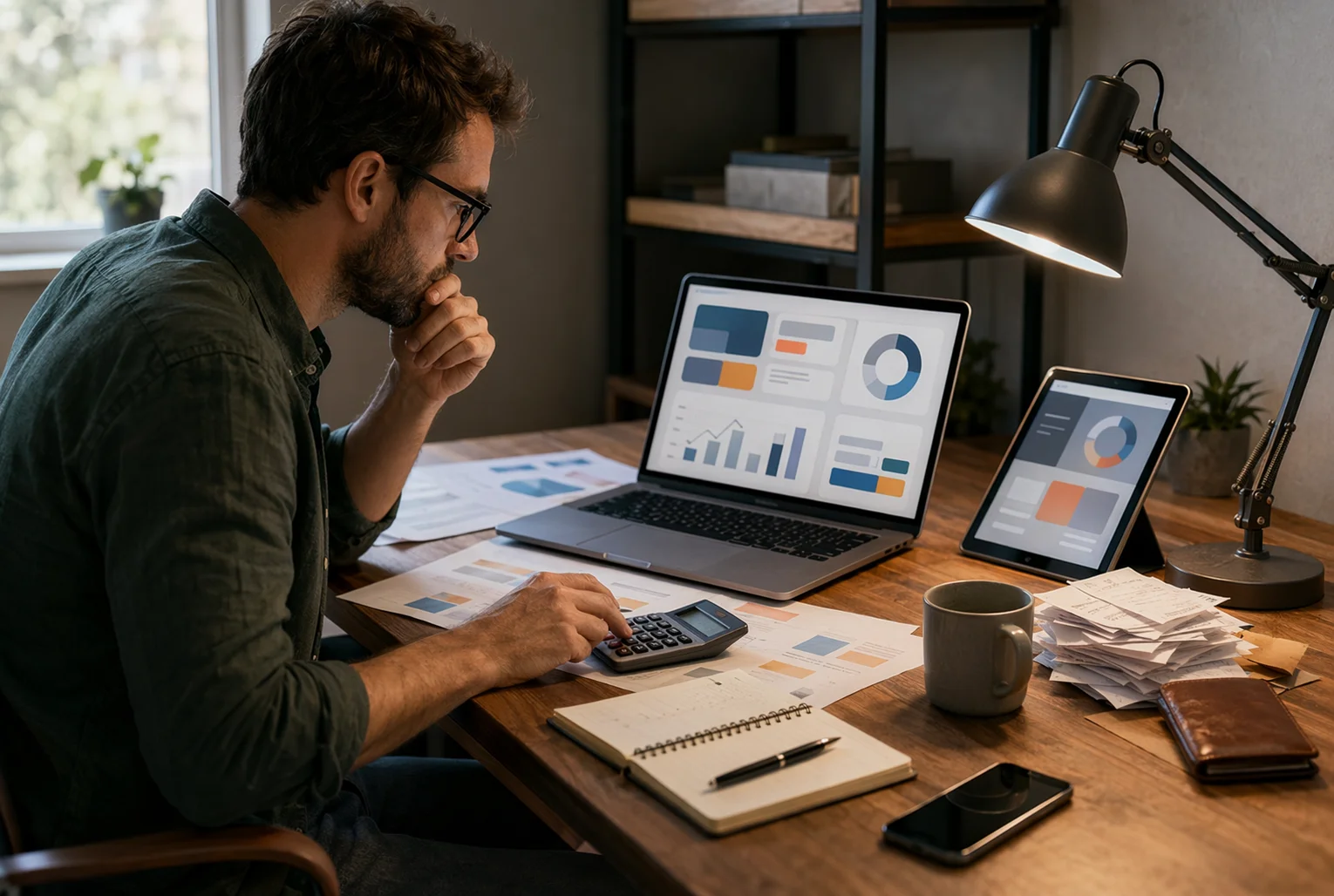 Freelancer comparing software deals at small desk