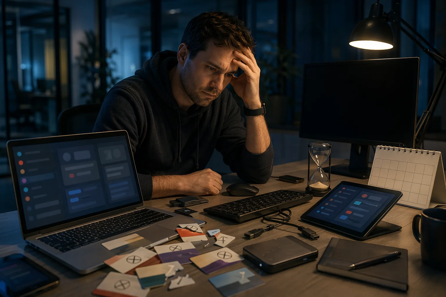 Founder reviewing shutdown emails and expired licenses in a dim office